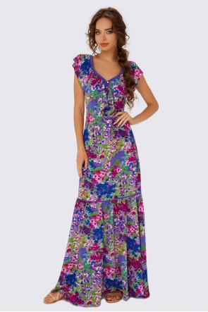 Платье в пол с воланами фиолетовый принт
